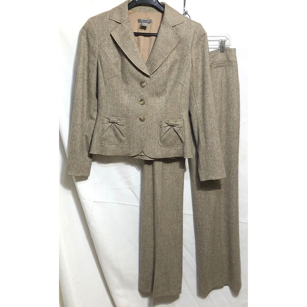 Ann Taylor 2pc Blazer Jacket Pant Wool Suit 4 Lt Brown Bow Pockets Office Career